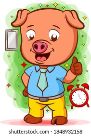 The illustration of the orange pig standing with the good shirt near the clock