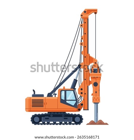 Illustration of an orange pile driver machine drilling into the ground, used in construction and foundation work, isolated on white background.