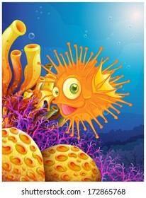 Illustration of an orange puffer fish near the coral reefs on a white background