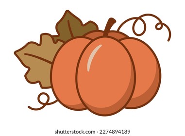 Illustration of orange pumpkin for Halloween or Thanksgiving. Autumn clipart. Isolated vector illustration on white background.