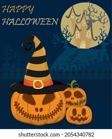 Illustration with orange pumpkins, the witch's hat, silhouette of the cemetery and a moon on dark background. Happy halloween. Vector illustration.
