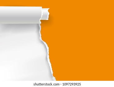 Illustration of orange ripped paper against a white background. Banner template with place for your text or image. Vector.