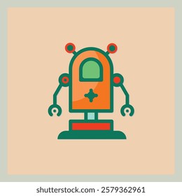 Illustration of an orange robot icon with green accents on a beige background