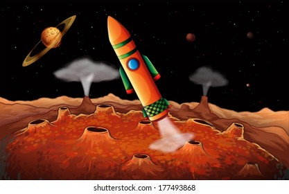 Ilustración de un cohete naranja en el espacio exterior