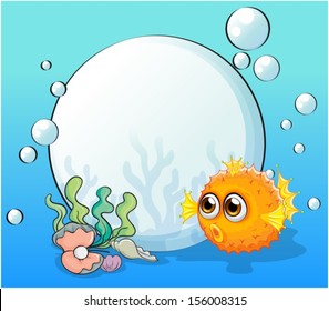 Illustration of an orange round fish near the seashells