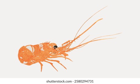 Illustration of an orange shrimp with long antennae. The shrimp is detailed, showing its segmented body and legs. Simple, minimalist shrimp design. Vintage marine life illustration isolated, vector.