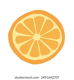 Illustration of an orange slice on a white background. The orange is depicted with a vibrant, fresh look, showcasing its juicy segments in a circular pattern, highlighting its natural appeal.