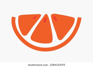 Illustration of an orange slice. Simple orange slice design. Orange slice with three segments. Bright orange slice on a white background. Vector isolated on white.