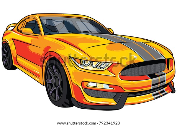 Illustration of orange  sport\
car Mustang with two gray strips on car hood . All illustrations\
are easy to use and highly customizable, logical layered to fit\
your needs.