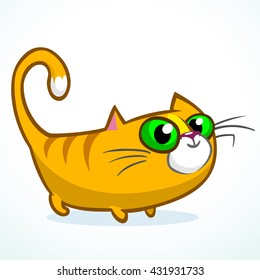 Illustration of an orange striped cat with big eyes sitting and smiling. Cute kitty vector logo