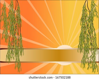 illustration with orange sunset and green tree branches