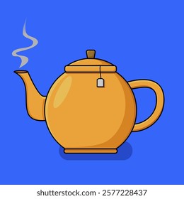 Illustration of an orange teapot with a tea bag tag hanging from the lid, set against a vibrant blue background. 