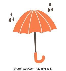 Illustration of an orange umbrella and raindrops. Flat design. Vector