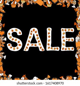 Illustration in orange, white and black colors. Premium handmade vector lettering and calligraphy phrase for invitation, greeting card, t-shirt, prints, social media, banners. Seamless pattern. Sale.
