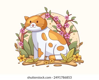 Illustration of an orange and white cat sitting comfortably, surrounded by various beautiful plants and flowers.
Perfect for cards, books, prints, covers, etc.
