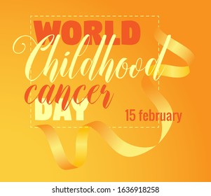 illustration orange yellow silk ribbon for the World Childhood cancer day. February 15. On a orange gradient background and thin stitched frame