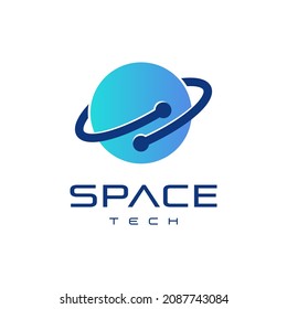 Concepto de diseño del logotipo de tecnología espacial, combinación del planeta saturn con el diseño del logotipo del símbolo de tecnología