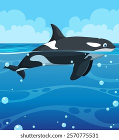 Illustration of an orca in a blue ocean