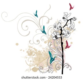 Illustration of orchids and butterflies