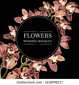 Illustration with orchids; round, black background; bundle of greetings cards, stickers or icon, also generic template of an invitation (wedding, birthday, anniversary, or other festive event).