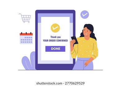 Illustration of Order Confirmation Message on Mobile Phone. A woman holding a smartphone displaying a successful order confirmation message, representing e-commerce and digital transactions