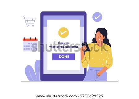 Illustration of Order Confirmation Message on Mobile Phone. A woman holding a smartphone displaying a successful order confirmation message, representing e-commerce and digital transactions