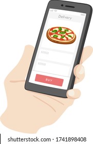 Illustration of ordering pizza delivery on a smartphone.