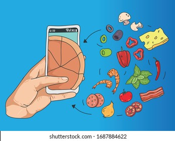 Illustration of ordering pizza using a smartphone, phone. Online ordering, food delivery, e-commerce.
