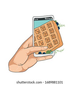 Illustration of ordering sweet waffle using smartphone, phone. Online ordering, food delivery, e-commerce.