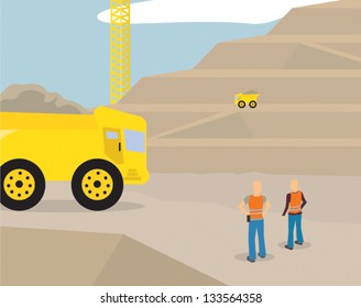 Illustration of a ordinary mining field with workers and trucks