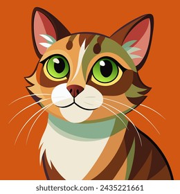 illustration of an ore cat with green eyes and long whiskers on an orange background