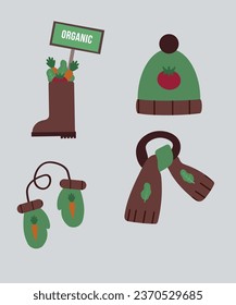 Illustration of Organic Accessories with Boots Hat, Scarf, Mittens, Vegetables