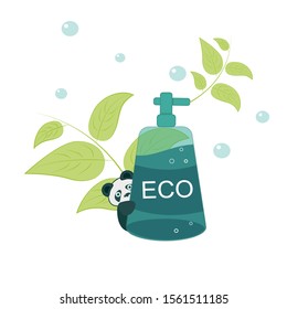 Illustration, organic detergent labeled " ECO " on a background of green leaves and bubbles, peeping panda. The concept of ecology. Vector graphics