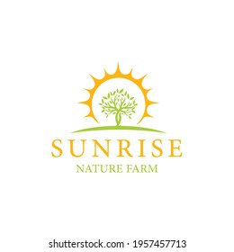 Illustration an organic farm with sunshine as power logo design	
