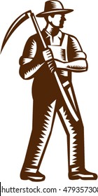 Illustration of an organic farm worker full body wearing hat holding scythe facing side set on isolated white background done in retro woodcut style.