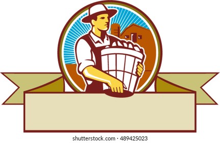 Illustration of an organic farmer carrying basket of harvest crops looking to the side set inside circle and ribbon with barn and sunburst in the background done in retro style. 
