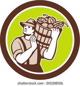 Illustration of organic farmer carrying bucket of harvest crop produce of vegetables on shoulder done in retro style on isolated background. 