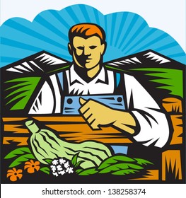 Illustration of organic farmer with crop produce harvest of vegetables facing front on fence with farm field and mountains in background done in retro woodcut style