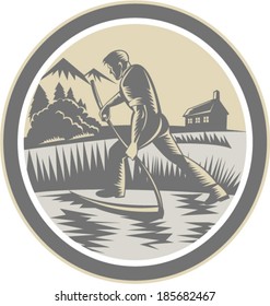 Illustration of an organic farmer farm worker reaping harvesting field using scythe inside oval shape on isolated background done in retro woodcut style.