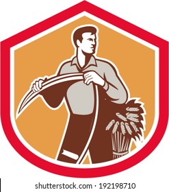 Illustration of an organic farmer farm worker holding scythe facing front with wheat set inside shield crest on isolated background done in retro style.