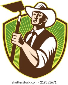 Illustration of organic farmer holding a grab hoe facing front set inside shield with sunburst in the background done in retro style.