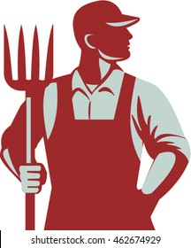 Illustration of organic farmer holding pitchfork looking to the side with one hand in pocket viewed from front  set on isolated white background done in retro style. 