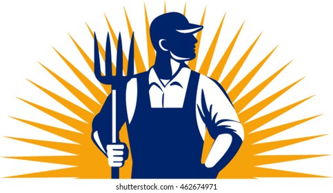 Illustration of organic farmer holding pitchfork looking to the side with one hand in pocket viewed from front with sunburst in the background done in retro style. 