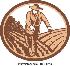 Illustration of organic farmer with satchel bag sowing seeds in farm field set inside oval shape done in retro woodcut style.