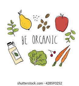 Illustration Of Organic Food. Hand Drawn Fruit, Vegetables, Nuts And Greens With Lettering.