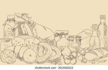 An illustration of organic food products in an engraved style. Products of the farmer's market. The concept of a grocery store.