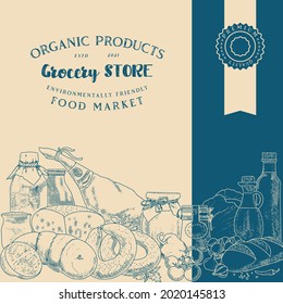 An illustration of organic food products in an engraved style. Products of the farmer's market. The concept of a grocery store.