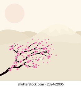 Illustration an Oriental cherry branch against mountains and the sun