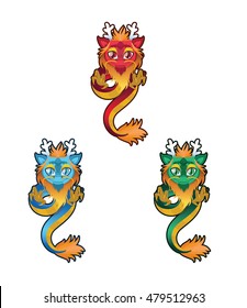 Illustration of an oriental dragon in 3 different colors