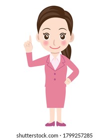 Illustration of an oriental, Japanese female businessman and teacher pointing at number 1. White background